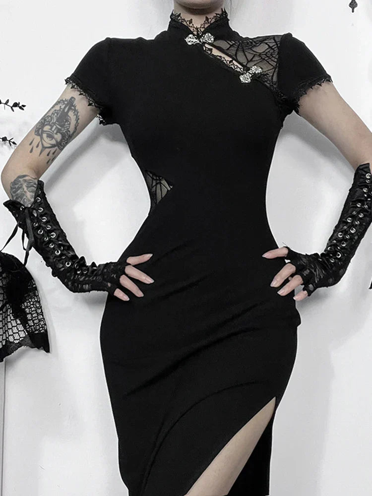 Mandarin Collar Frog Closure Lace Panel Mesh Cut Out Side Slit Bodycon Maxi Dress