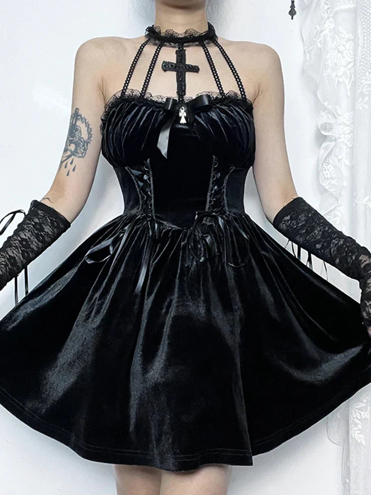 Velvet Corset Lace Up Halter Cross Charm Lace Cuff A-Line Mini Dress