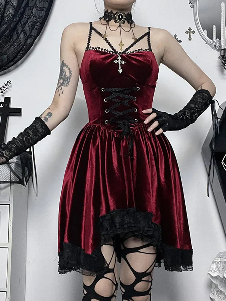 Velvet Lace Up Corset Scalloped Lace Trim Fit and Flare Mini Dress