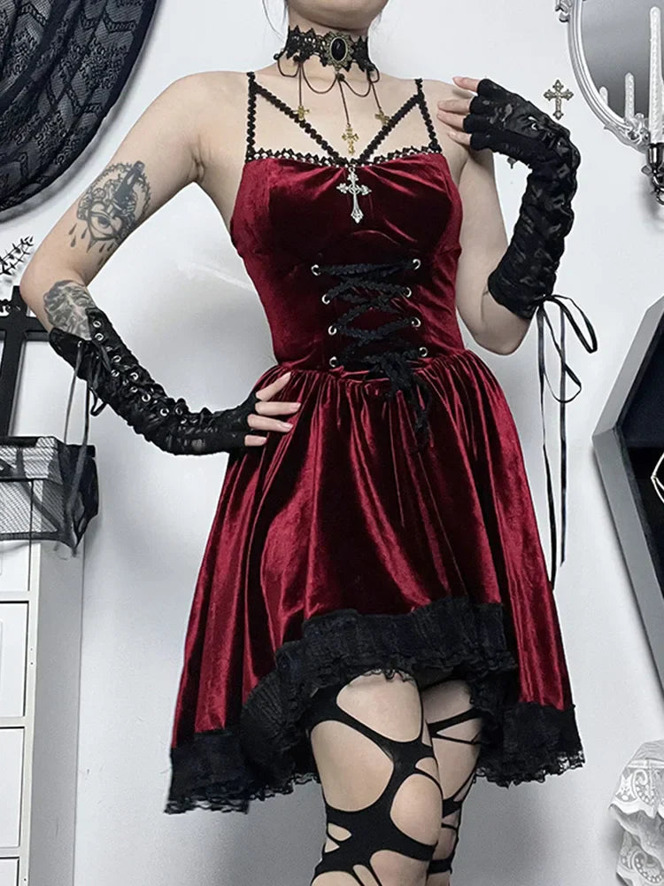 Velvet Lace Up Corset Scalloped Lace Trim Fit and Flare Mini Dress