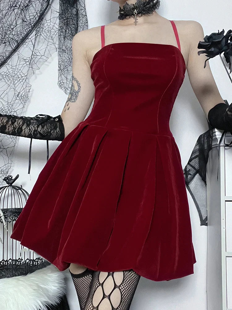 Velvet Square Neck Spaghetti Strap Pleated Bubble Hem Mini Dress