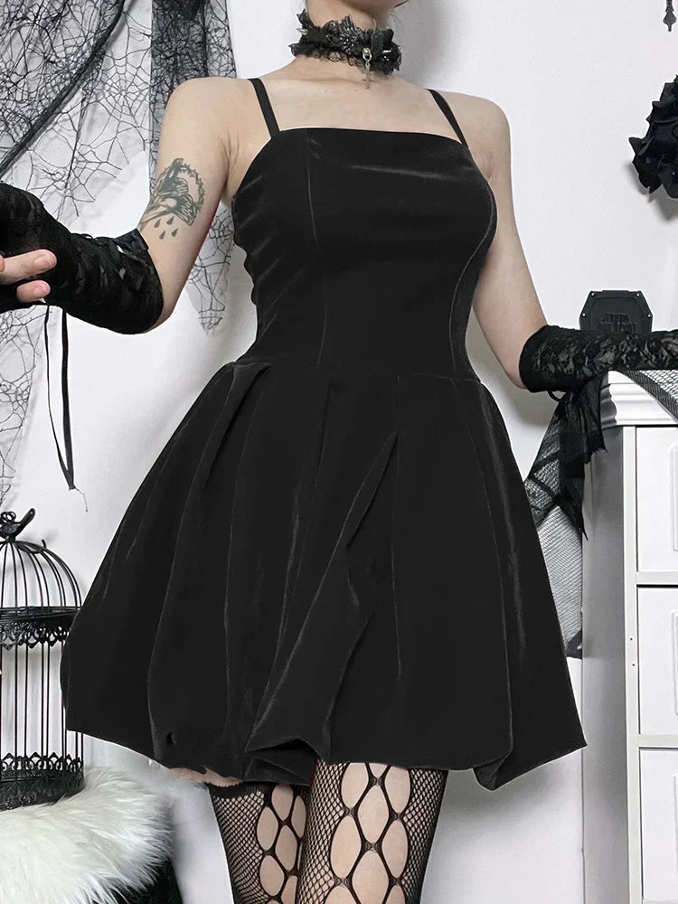 Velvet Square Neck Spaghetti Strap Shirred Corset Bubble Hem Mini Dress
