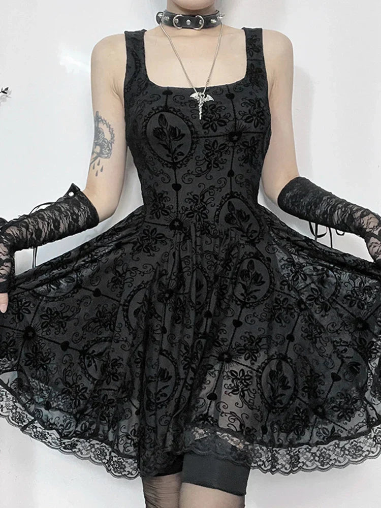 Gothic Jacquard Square Neck Lace Trim Fit and Flare Mini Dress