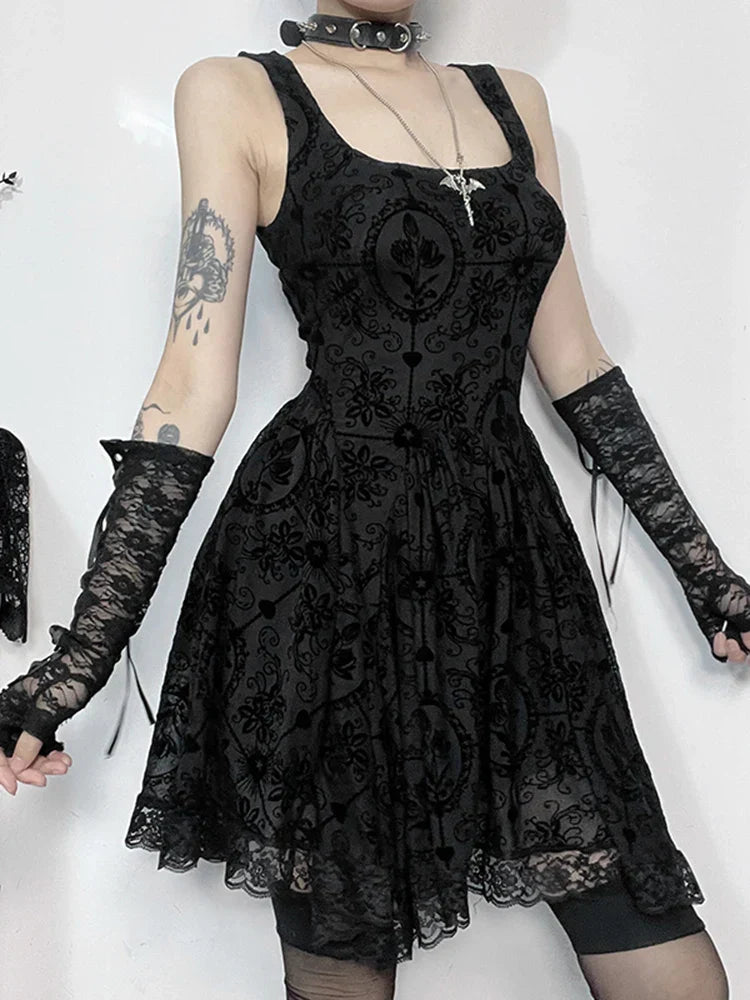 Gothic Jacquard Square Neck Lace Trim Fit and Flare Mini Dress