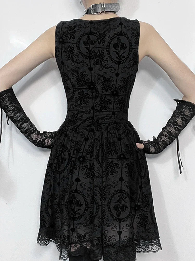 Gothic Jacquard Square Neck Lace Trim Fit and Flare Mini Dress