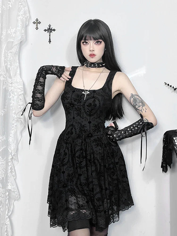 Gothic Jacquard Square Neck Lace Trim Fit and Flare Mini Dress