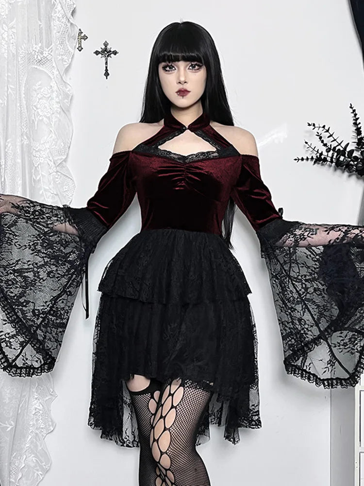 Velvet Cold Shoulder Halter Keyhole Lace Bell Sleeve Tiered Mini Dress