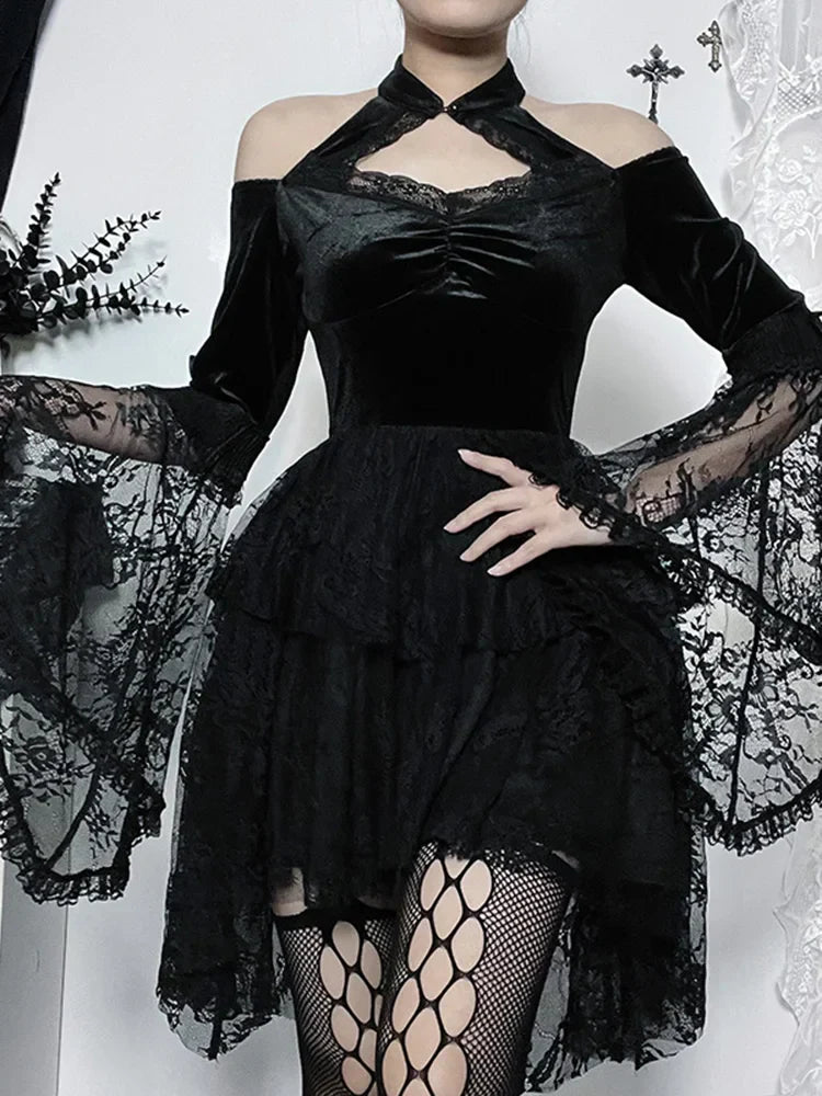 Velvet Cold Shoulder Halter Keyhole Lace Bell Sleeve Tiered Mini Dress