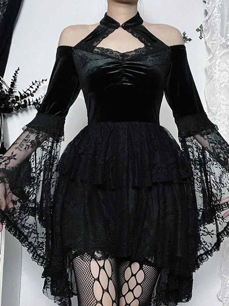 Velvet Cold Shoulder Halter Keyhole Lace Bell Sleeve Tiered Mini Dress
