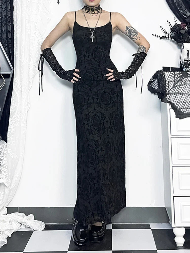 Jacquard Cross Print Spaghetti Strap Bodycon Maxi Dress