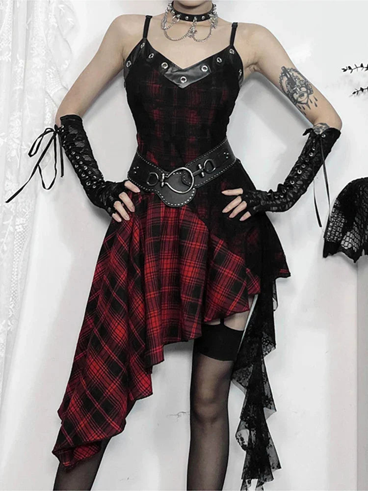 Plaid Patchwork Grommet Trim Asymmetrical Hem Lace Panel Camisole Mini Dress