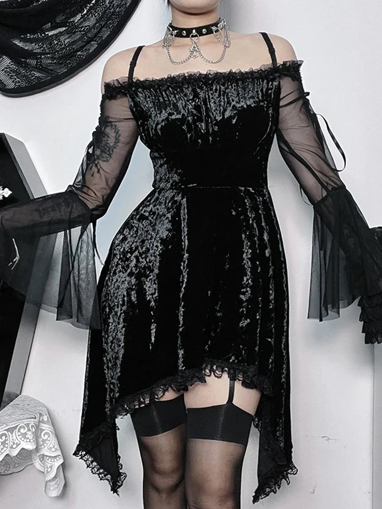 Off Shoulder Crushed Velvet Lace Trim Bell Sleeve Gothic Mini Dress