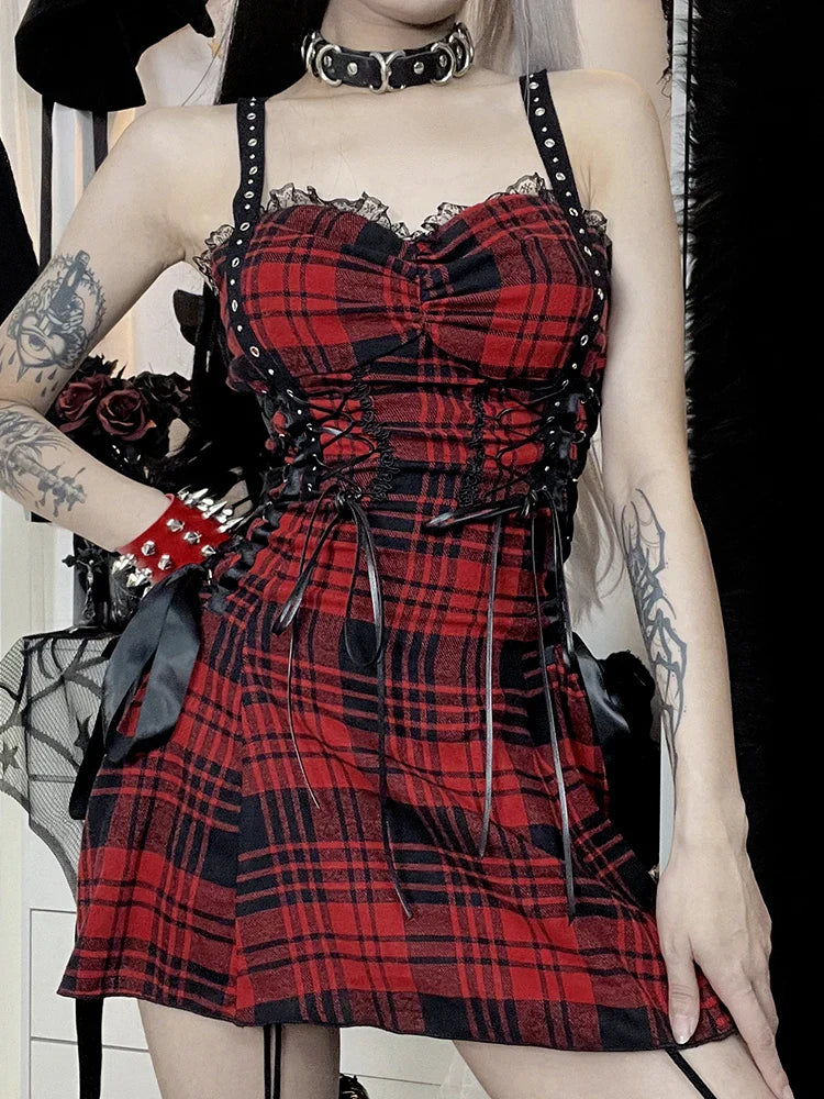 Plaid Corset Lace Up Bow Detail Spaghetti Strap Mini Dress
