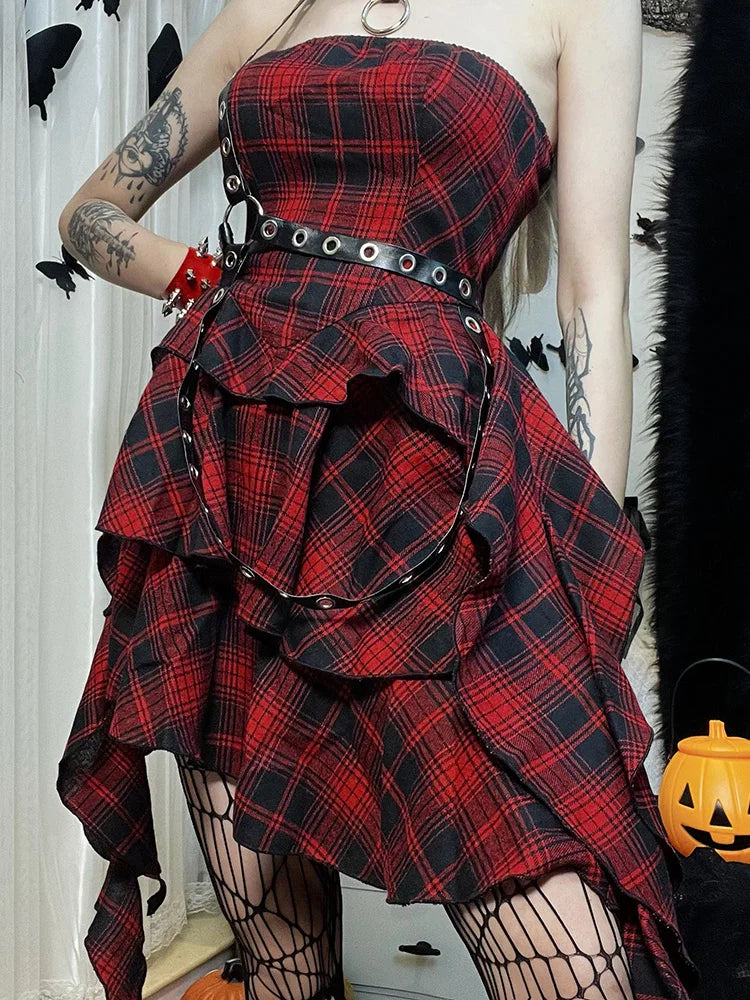 Plaid Strapless Tiered Ruffle Grommet Harness Belt Mini Dress
