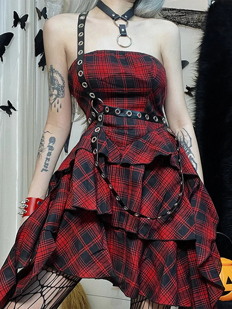 Plaid Strapless Tiered Ruffle Grommet Harness Belt Mini Dress
