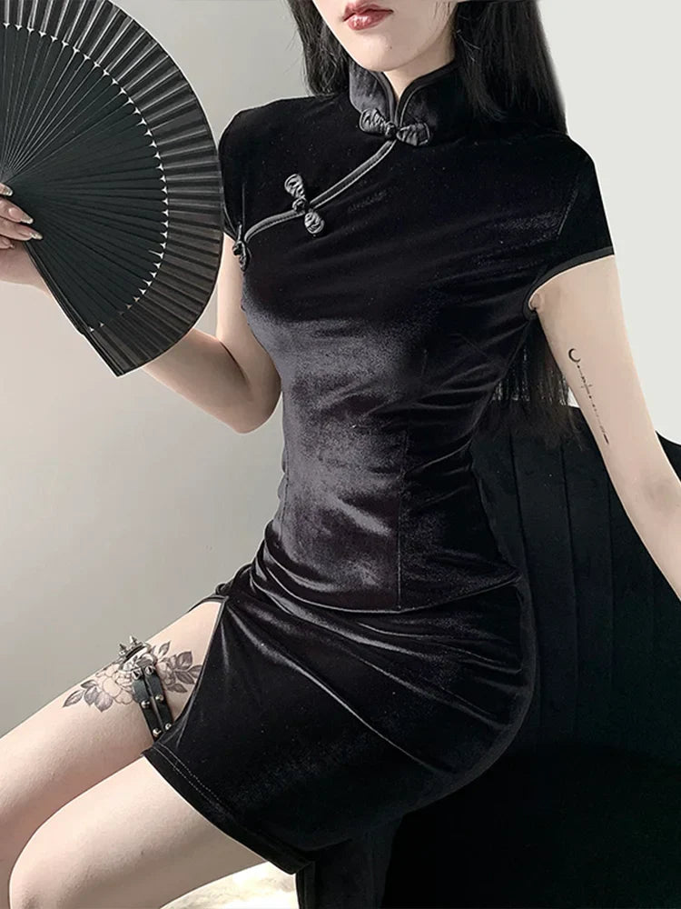 Velvet Mandarin Collar Frog Button High Split Cheongsam Bodycon Mini Dress