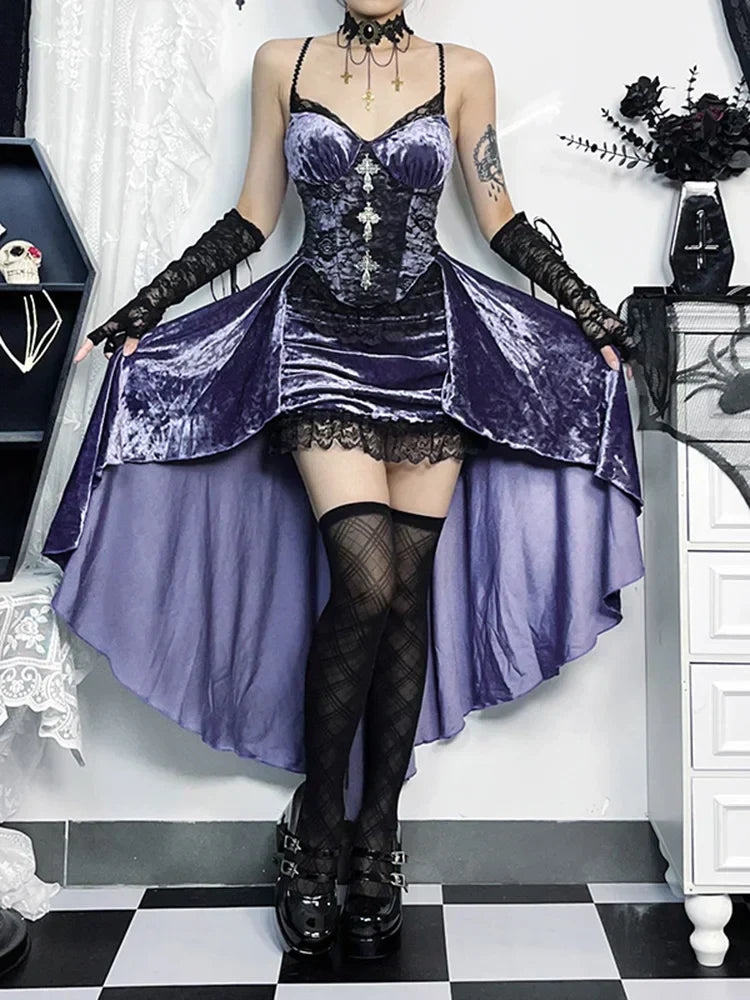 Velvet Lace Panel Corset Spaghetti Strap High-Low Ruffle Hem Dress