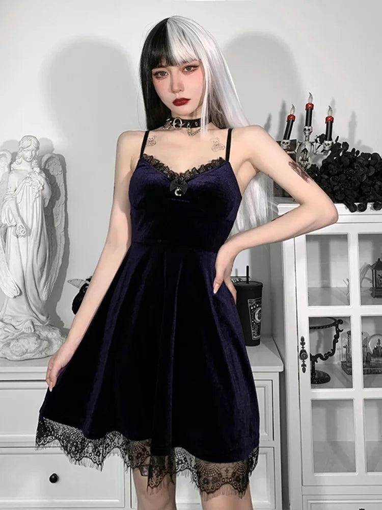 Velvet Sweetheart Neck Lace Trim Moon Charm Spaghetti Strap Fit and Flare Mini Dress