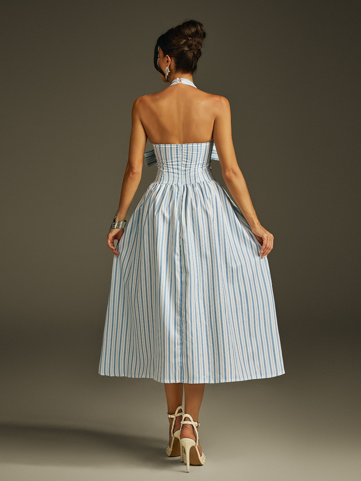 Halter Deep V-Neck Bow Bust Vertical Stripe Fit and Flare Midi Dress