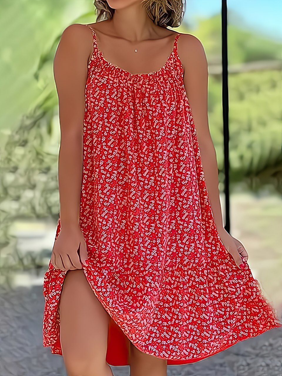 Ditsy Print Spaghetti Strap Scoop Neck Swing Mini Dress with Side Slit