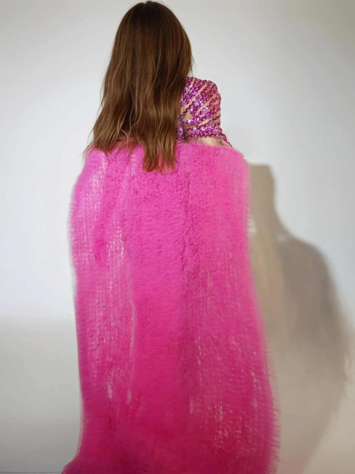Deep V-Neck Sequin Sunburst Mesh Overlay Feather Trim Cape Maxi Gown
