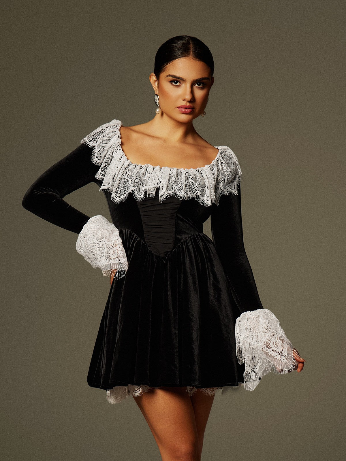 Lace Collar and Cuff Velvet Ruched Bodice Mini Dress