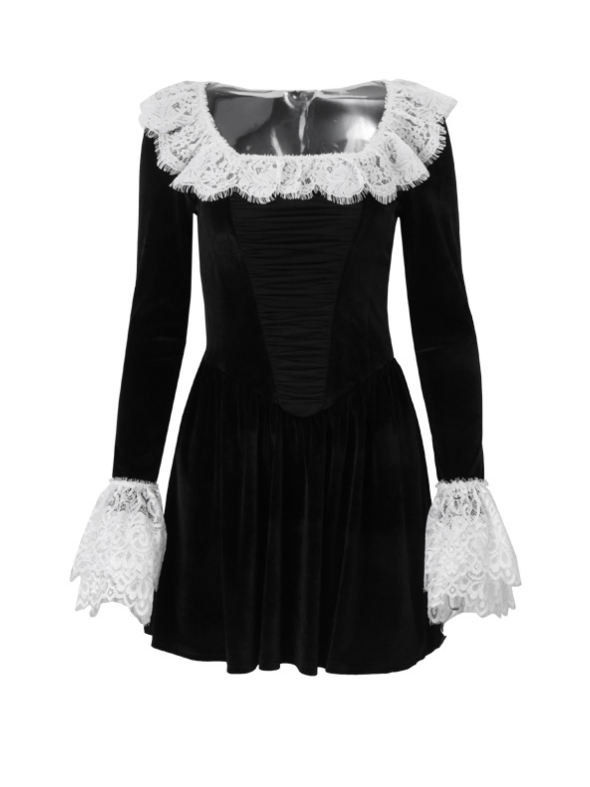 Lace Collar and Cuff Velvet Ruched Bodice Mini Dress