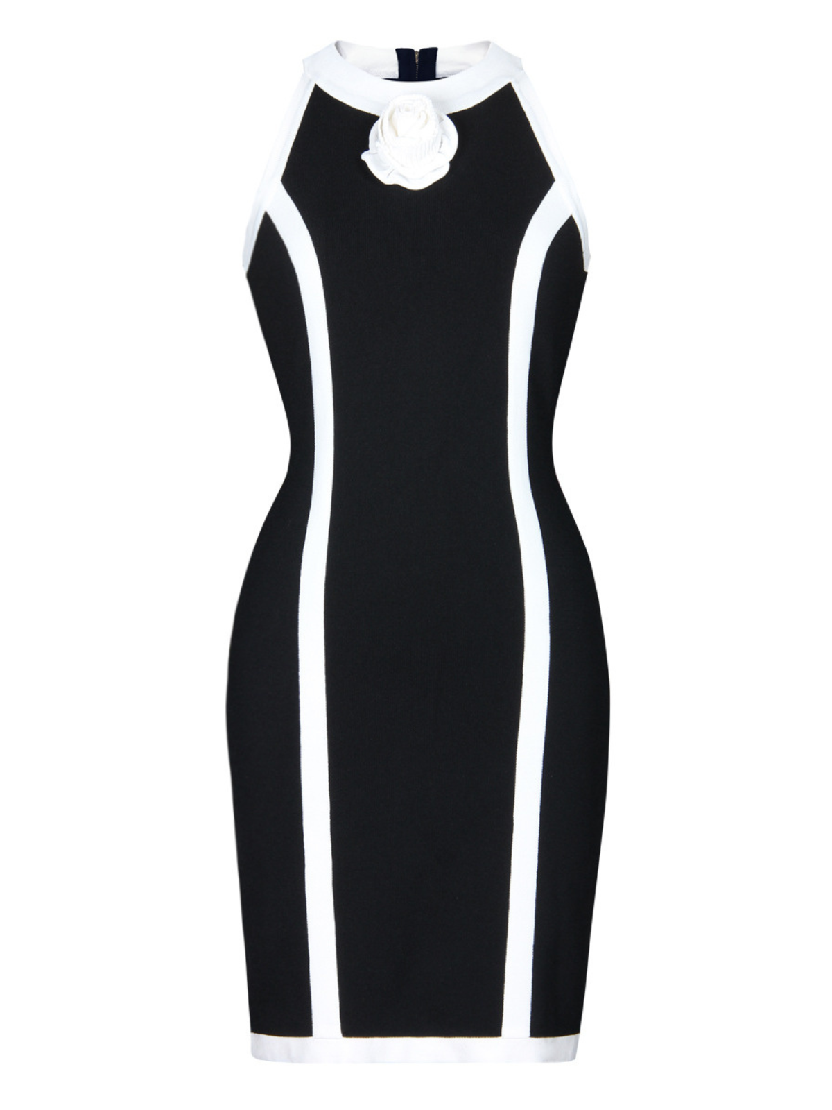 Floral Rosette Contrast Stripe High Neck Sleeveless Bodycon Midi Dress