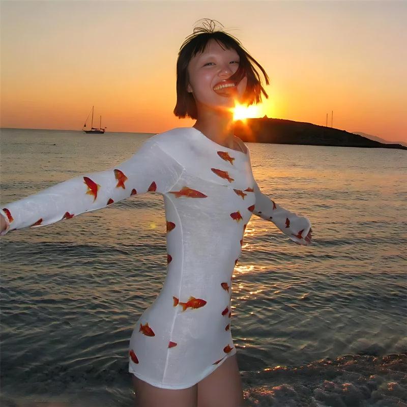 Asymmetric Off Shoulder One Sleeve Koi Fish Print Mesh Bodycon Mini Dress