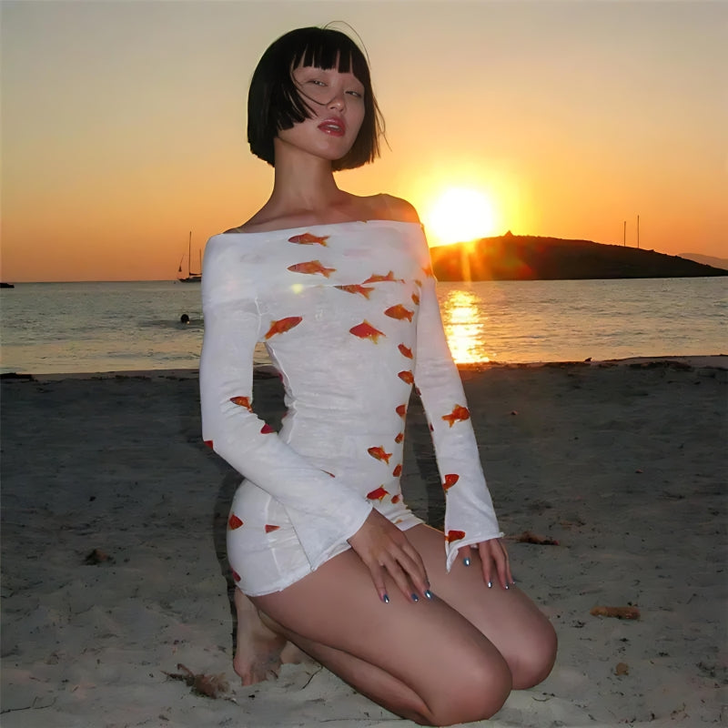 Asymmetric Off Shoulder One Sleeve Koi Fish Print Mesh Bodycon Mini Dress