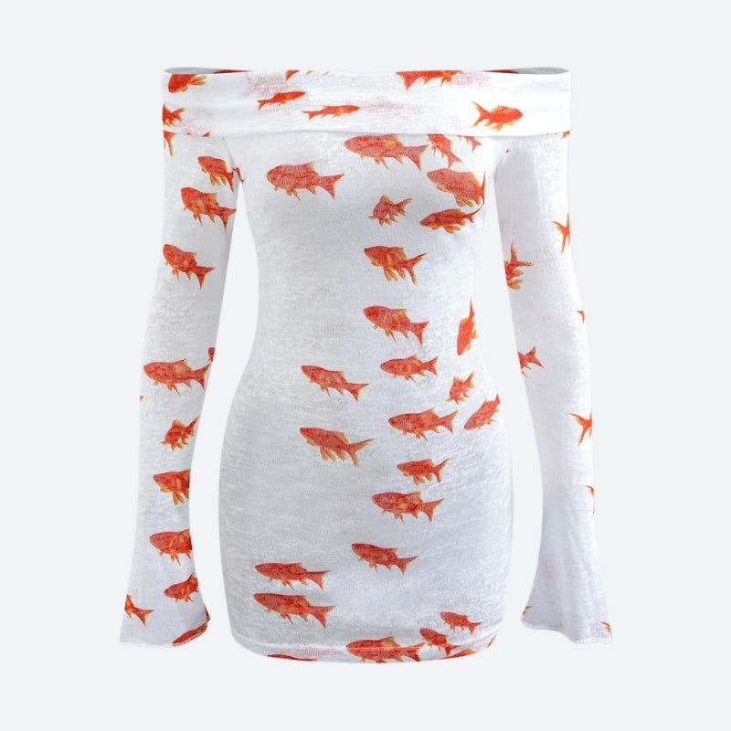 Asymmetric Off Shoulder One Sleeve Koi Fish Print Mesh Bodycon Mini Dress