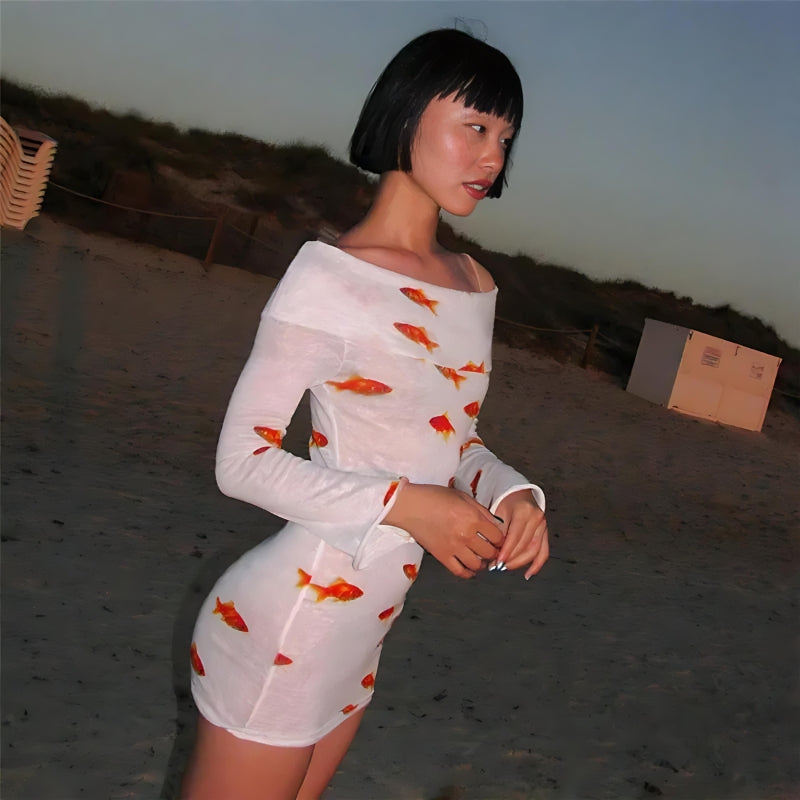 Asymmetric Off Shoulder One Sleeve Koi Fish Print Mesh Bodycon Mini Dress