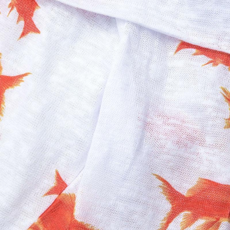 Asymmetric Off Shoulder One Sleeve Koi Fish Print Mesh Bodycon Mini Dress