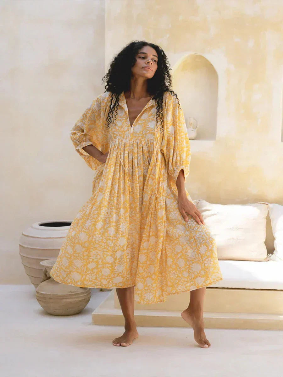 Botanical Block Print Tie-Neck Balloon Sleeve Empire Waist Midi Dress