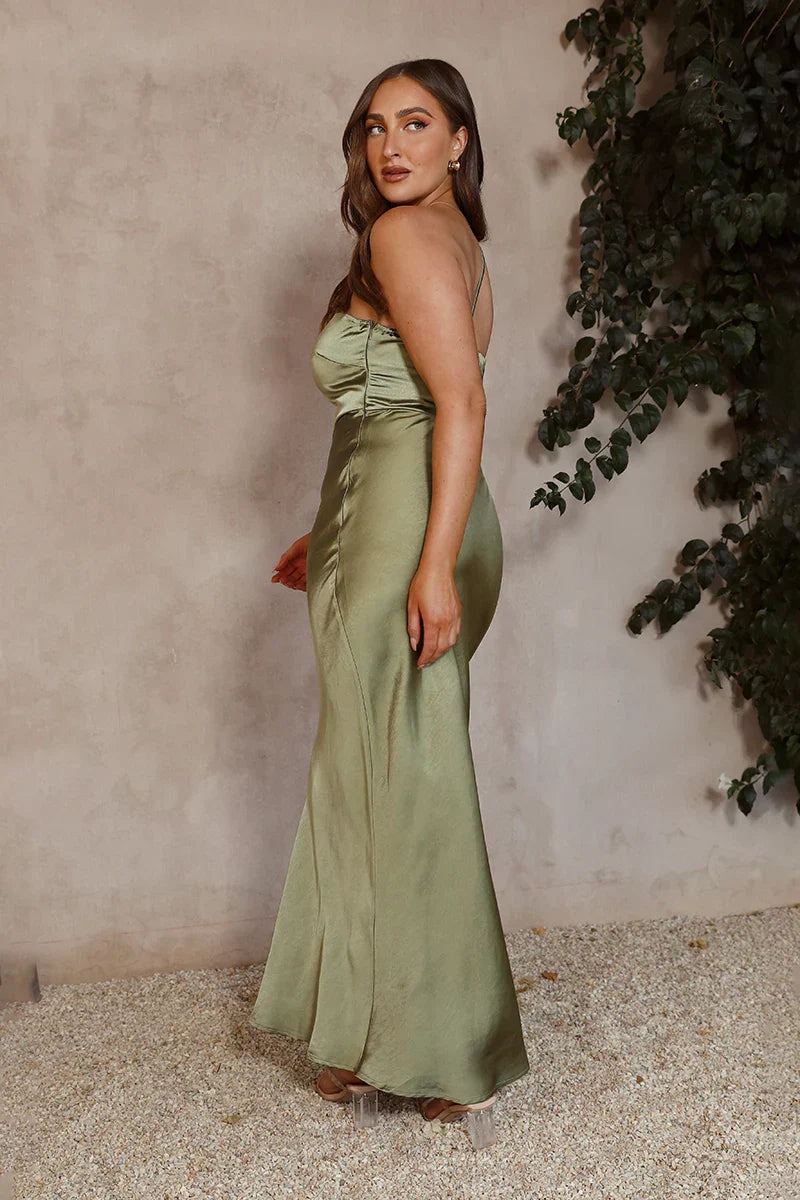 One-Shoulder Asymmetric Satin Trumpet Maxi Dress