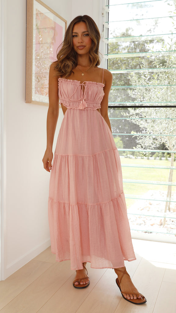 Spaghetti Strap Drawstring Tie Side Cut Out Tiered Maxi Dress