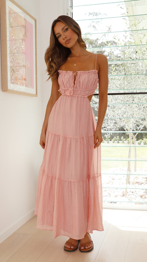 Spaghetti Strap Drawstring Tie Side Cut Out Tiered Maxi Dress