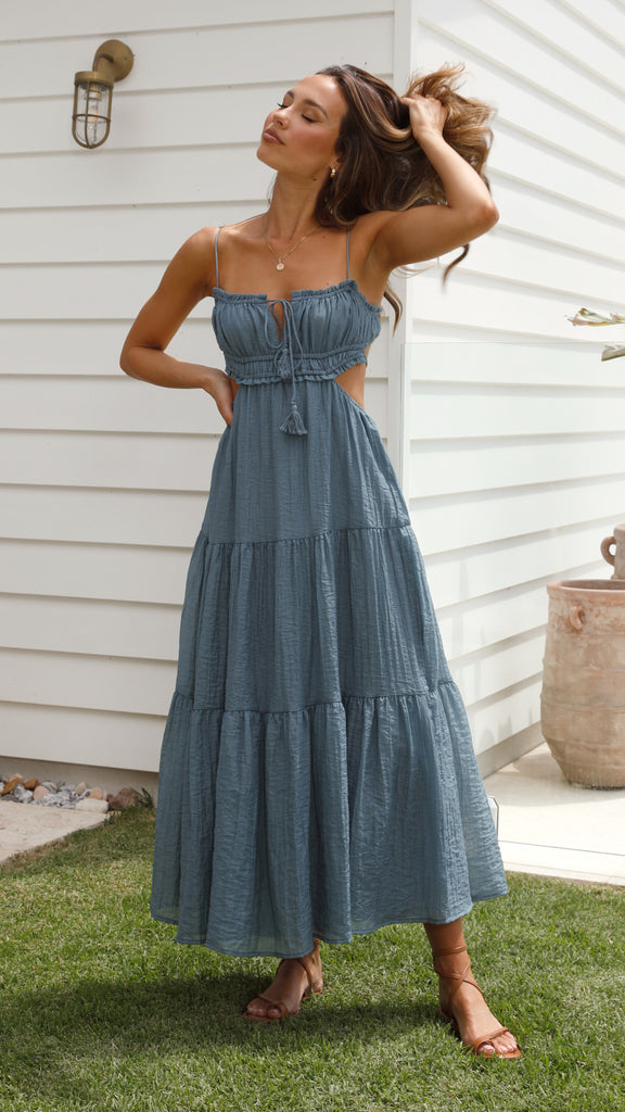 Spaghetti Strap Drawstring Tie Side Cut Out Tiered Maxi Dress