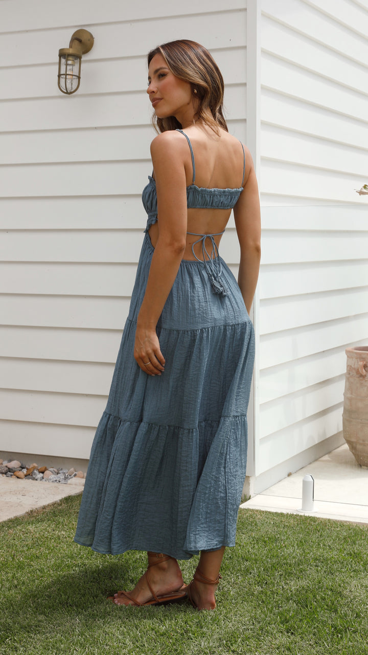 Spaghetti Strap Drawstring Tie Side Cut Out Tiered Maxi Dress