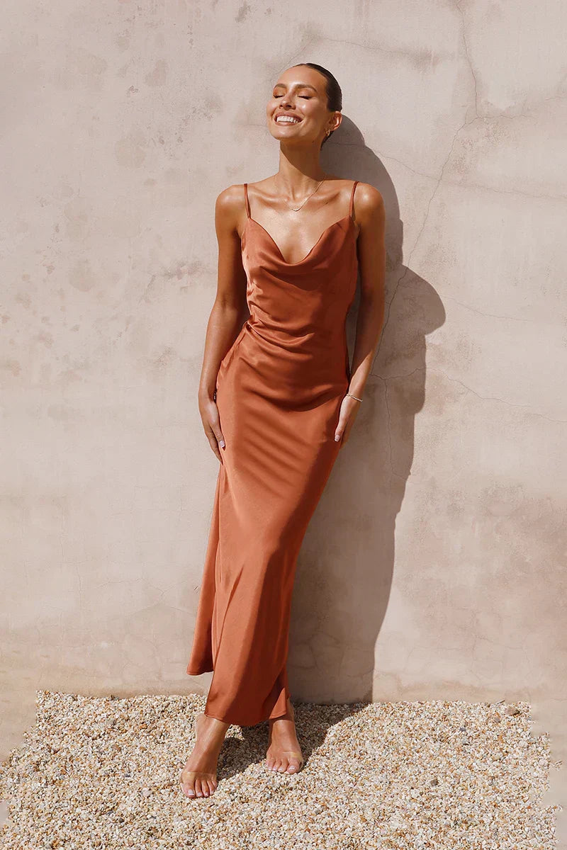 Satin Cowl Neck Spaghetti Strap Slip Maxi Dress