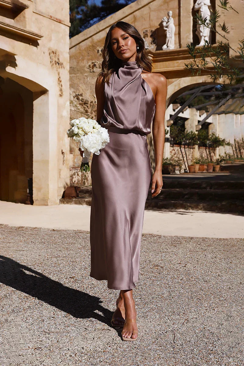 Satin Halter Cowl Neck Draped Sleeveless Midi Dress