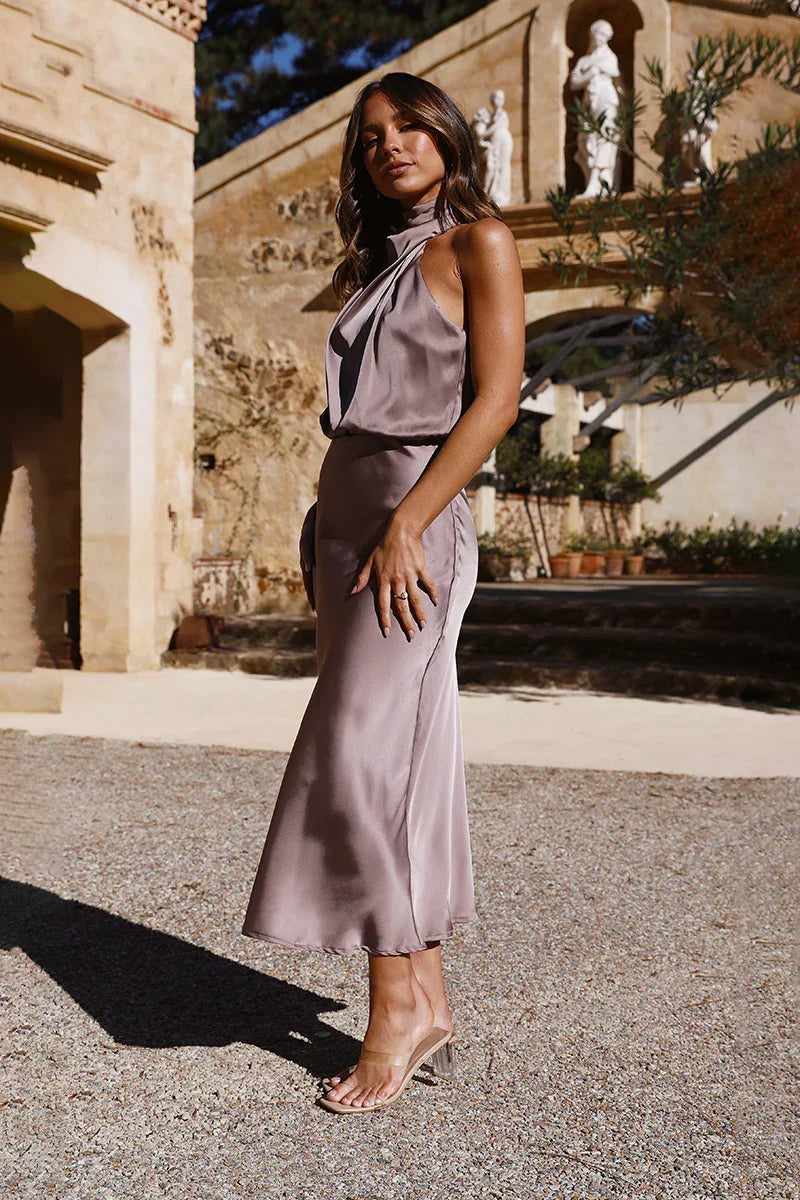 Satin Halter Cowl Neck Draped Sleeveless Midi Dress