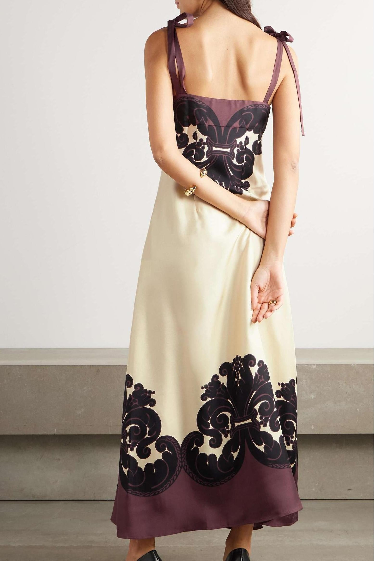 Tie Shoulder Damask Print Side Slit Maxi Dress
