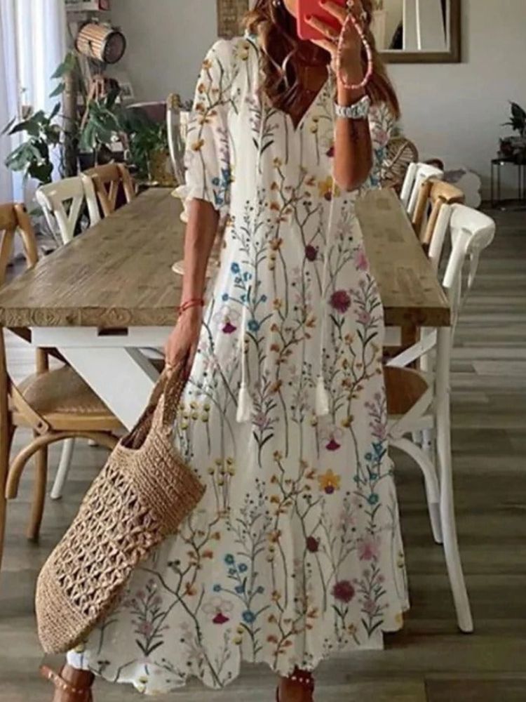 Paisley Print V-Neck Short Sleeve Scalloped Hem Relaxed Maxi Dress