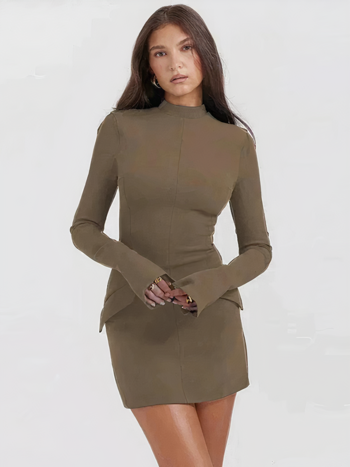 Mock Neck Panel Seam Flared Cuff Structured Bodycon Mini Dress