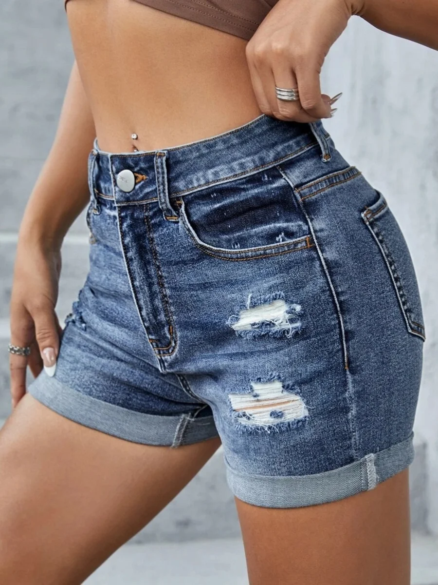 High Waist Ripped Pocket Design Solid Skinny Stretchy Denim Shorts Women Casual Cuffed Hem Hot Jean Pants 6 High Waist Ripped Pocket Design Solid Skinny Stretchy Denim Shorts Women Casual Cuffed Hem Hot Jean Pants