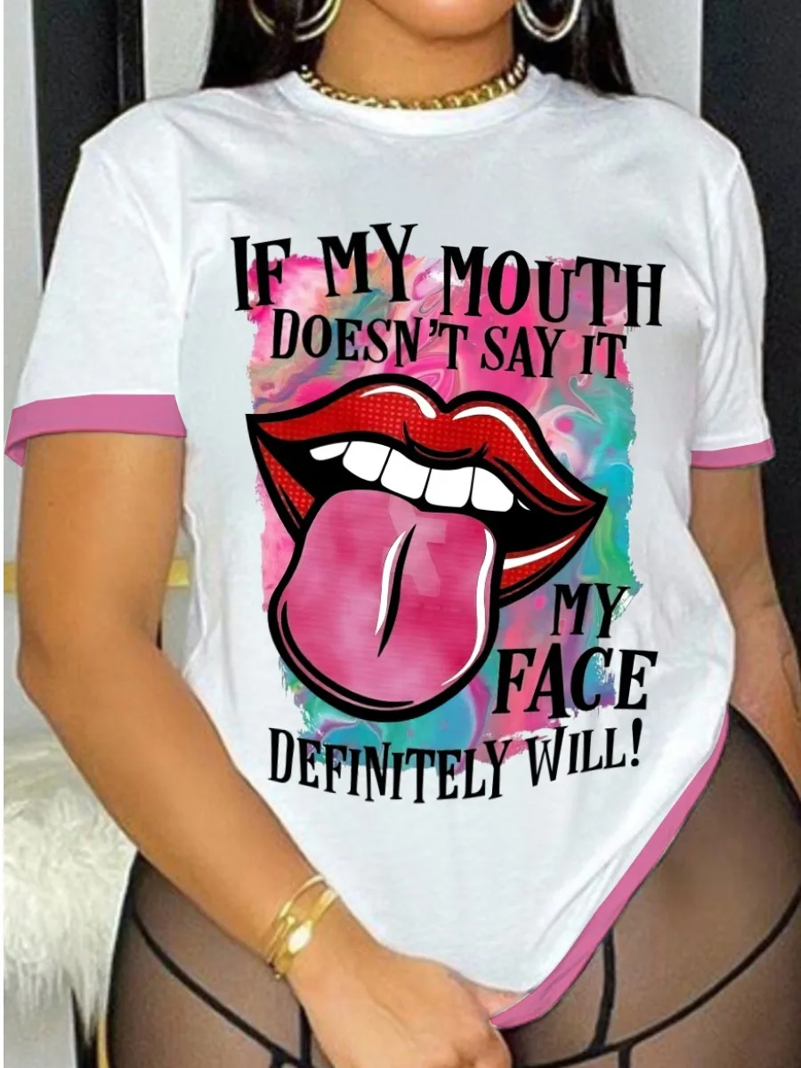 Plus Size Lip Letter Print T-shirt Summer Short Sleeve Women's Fashion Top 10 Plus Size Lip Letter Print T-shirt Summer Short Sleeve Women's Fashion Top