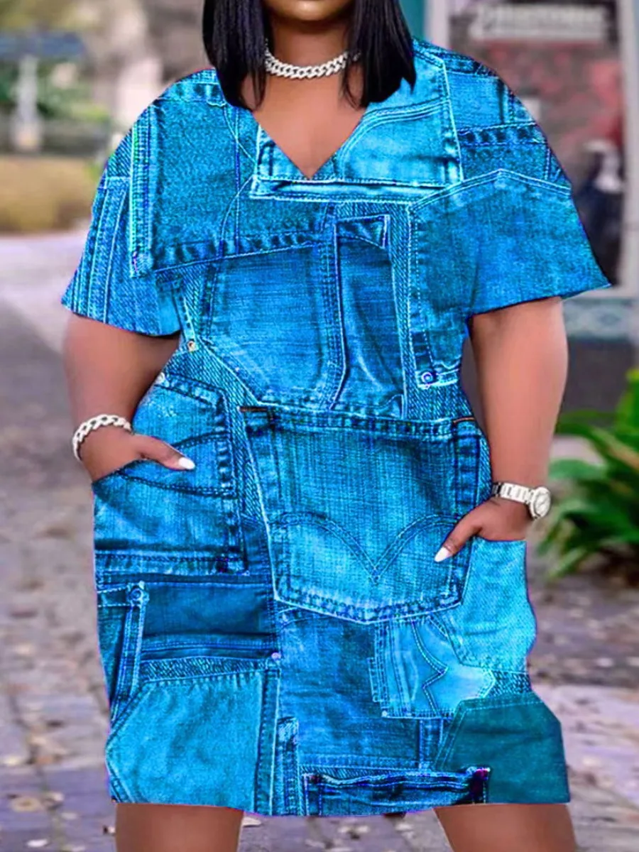 Plus Size Imitation Denim V Neck Pocket Design Dress Women's T-Shirt Summer Loose Dress Vestidos 12 Plus Size Imitation Denim V Neck Pocket Design Dress Women's T-Shirt Summer Loose Dress Vestidos