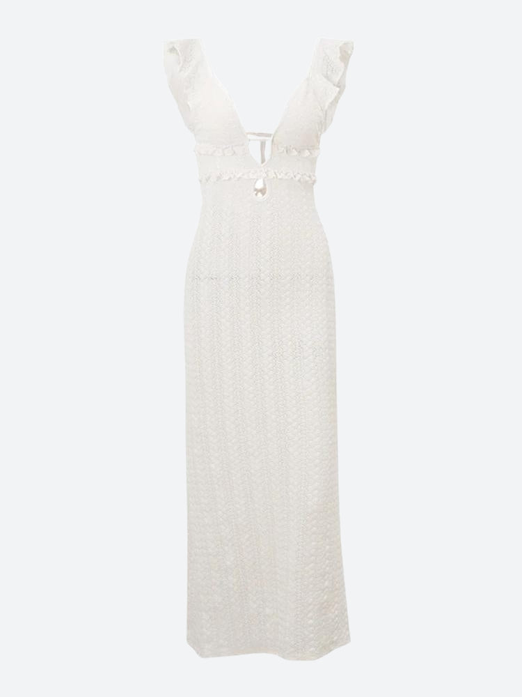 Crochet Knit Plunge V-Neck Ruffle Trim Lace-Up Side Maxi Dress