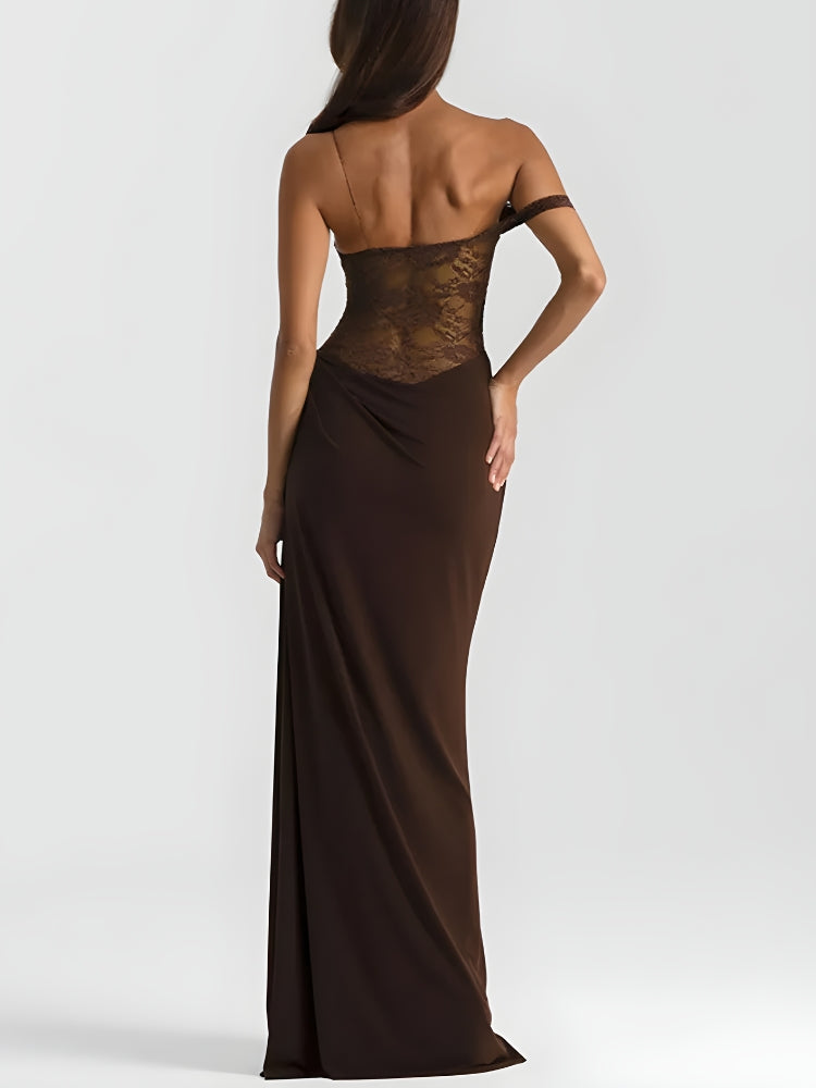Lace Corset Sweetheart Cold-Shoulder Draped Waist Column Maxi Gown
